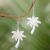 Bone dangle earrings, 'Bali Palm Trees' - Palm Tree Earrings on 925 Silver Hooks Crafted by Hand