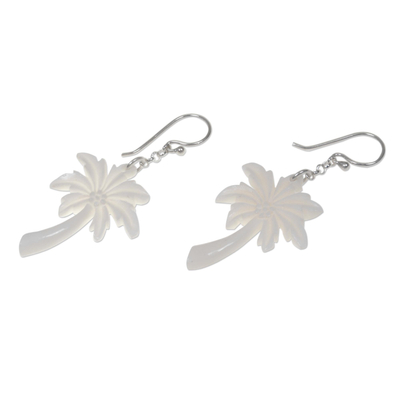 Bone dangle earrings, 'Bali Palm Trees' - Palm Tree Earrings on 925 Silver Hooks Crafted by Hand