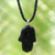Leather and horn pendant necklace, 'Hamsa Art' - Artistic Hamsa Pendant Necklace in Horn and Black Leather thumbail