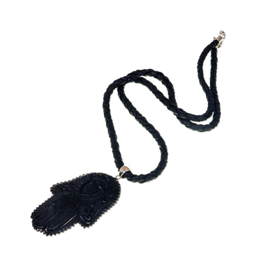 Leather and horn pendant necklace, 'Hamsa Art' - Artistic Hamsa Pendant Necklace in Horn and Black Leather