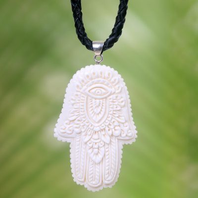 Leather and bone pendant necklace, 'Hamsa Art' - Artistic Hamsa Pendant Necklace in Bone and Black Leather