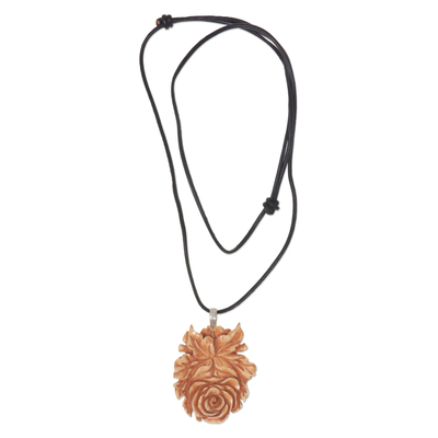 Cow bone and leather pendant necklace, 'Brown Rose' - Handmade Floral Cow Bone Pendant on Leather Cord Necklace