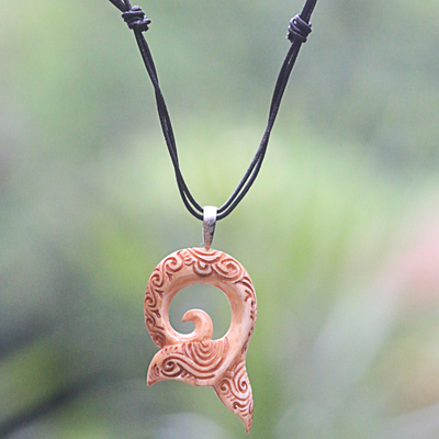 Bone and leather pendant necklace, 'Tail of the Whale' - Leather Necklace with a Hand Carved Bone Whale Tail Pendant