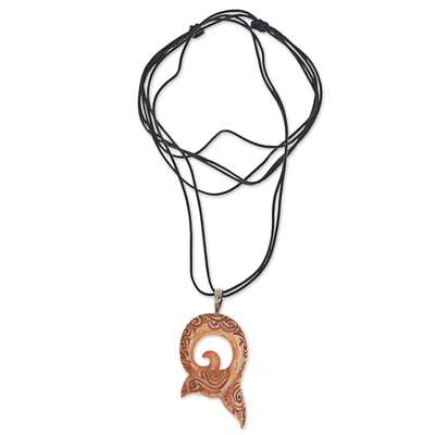 Bone and leather pendant necklace, 'Tail of the Whale' - Leather Necklace with a Hand Carved Bone Whale Tail Pendant