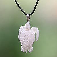 Bone and leather pendant necklace, White Turtle