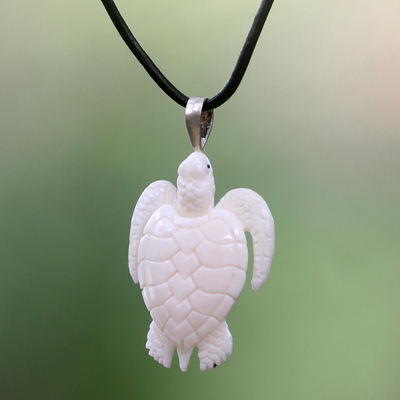 Bone and leather pendant necklace, White Turtle