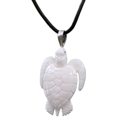 Bone and leather pendant necklace, 'White Turtle' - Hand Crafted White Turtle Pendant on Leather Cord Necklace