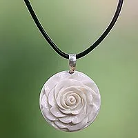 Cow bone and leather pendant necklace, 'Glorious Rose'