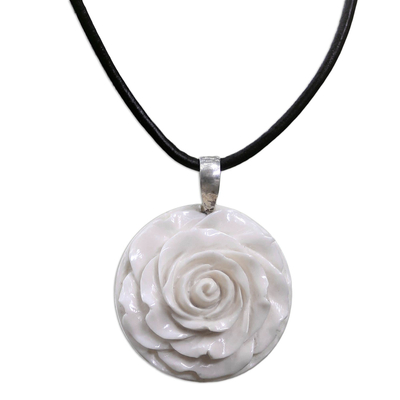 Cow bone and leather pendant necklace, 'Glorious Rose' - Artisan Crafted White Rose Pendant on Leather Cord Necklace