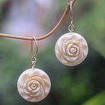 Bone dangle earrings, 'Glorious Rose' - White Rose Dangle Earrings Hand Carved of Bone
