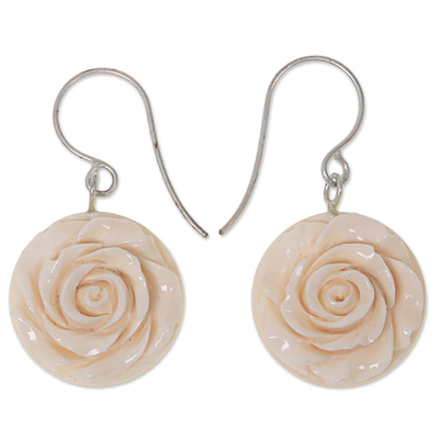 Bone dangle earrings, 'Glorious Rose' - White Rose Dangle Earrings Hand Carved of Bone