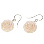 Bone dangle earrings, 'Glorious Rose' - White Rose Dangle Earrings Hand Carved of Bone