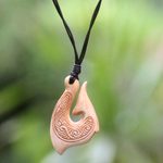 Bone pendant necklace, 'Traditional Fishing Hook' - Hand Made Cow Bone Pendant Necklace from Indonesia
