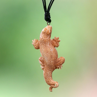 Cow bone and leather pendant necklace, 'Brown Lizard' - Artisan Crafted Lizard Pendant on Leather Cord Necklace