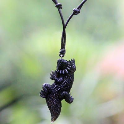 Bone pendant necklace, 'Thorny Devil' - Hand Carved Indonesian Black Lizard Cow Bone Necklace