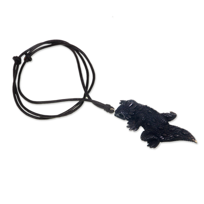 Bone pendant necklace, 'Thorny Devil' - Hand Carved Indonesian Black Lizard Cow Bone Necklace