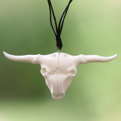 Bone and leather pendant necklace, 'Desert Longhorn' - Artisan Crafted Unisex Longhorn Theme Pendant Necklace