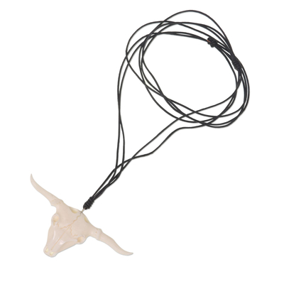 Bone and leather pendant necklace, 'Desert Longhorn' - Artisan Crafted Unisex Longhorn Theme Pendant Necklace