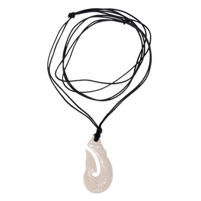 Fish Hook Bone Pendant Necklace with Leather Cord from Bali