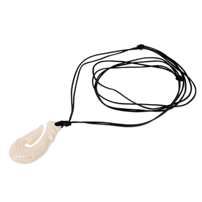 Bone pendant necklace, 'Balinese Fish Hook' - Fish Hook Bone Pendant Necklace with Leather Cord from Bali