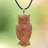 Bone and leather pendant necklace, 'Brown Owl Family'