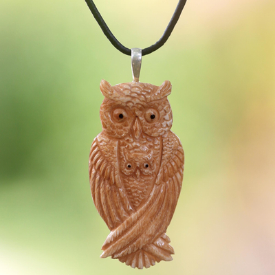 Bone and leather pendant necklace, Brown Owl Family