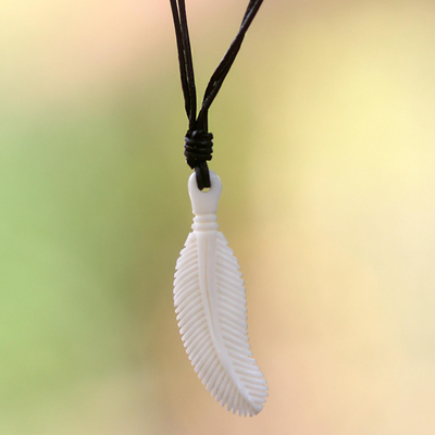 Bone and leather pendant necklace, 'Tropical Palm' - Artisan Crafted Leather and Bone Palm Leaf Pendant Necklace