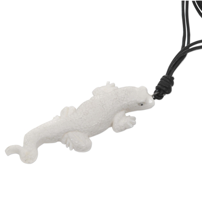 Bone and leather pendant necklace, 'White Lizard Totem' - Artisan Crafted Lizard Pendant Necklace in Leather and Bone