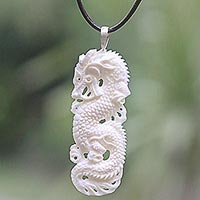 Bone and leather pendant necklace, White Dragon Guardian