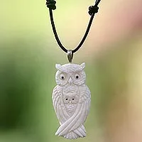 Bone and leather pendant necklace, 'White Owl Family' - Artisan Crafted Owl Family Pendant on Leather Cord Necklace