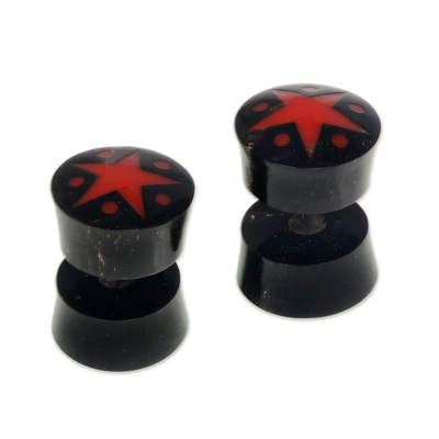 Handcrafted Arang Wood Red Star Stud Earrings from Bali
