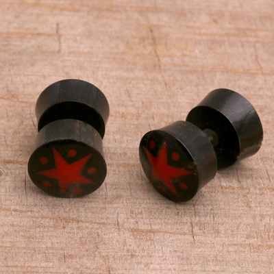 Wood stud earrings, 'Dotted Stars' - Handcrafted Arang Wood Red Star Stud Earrings from Bali