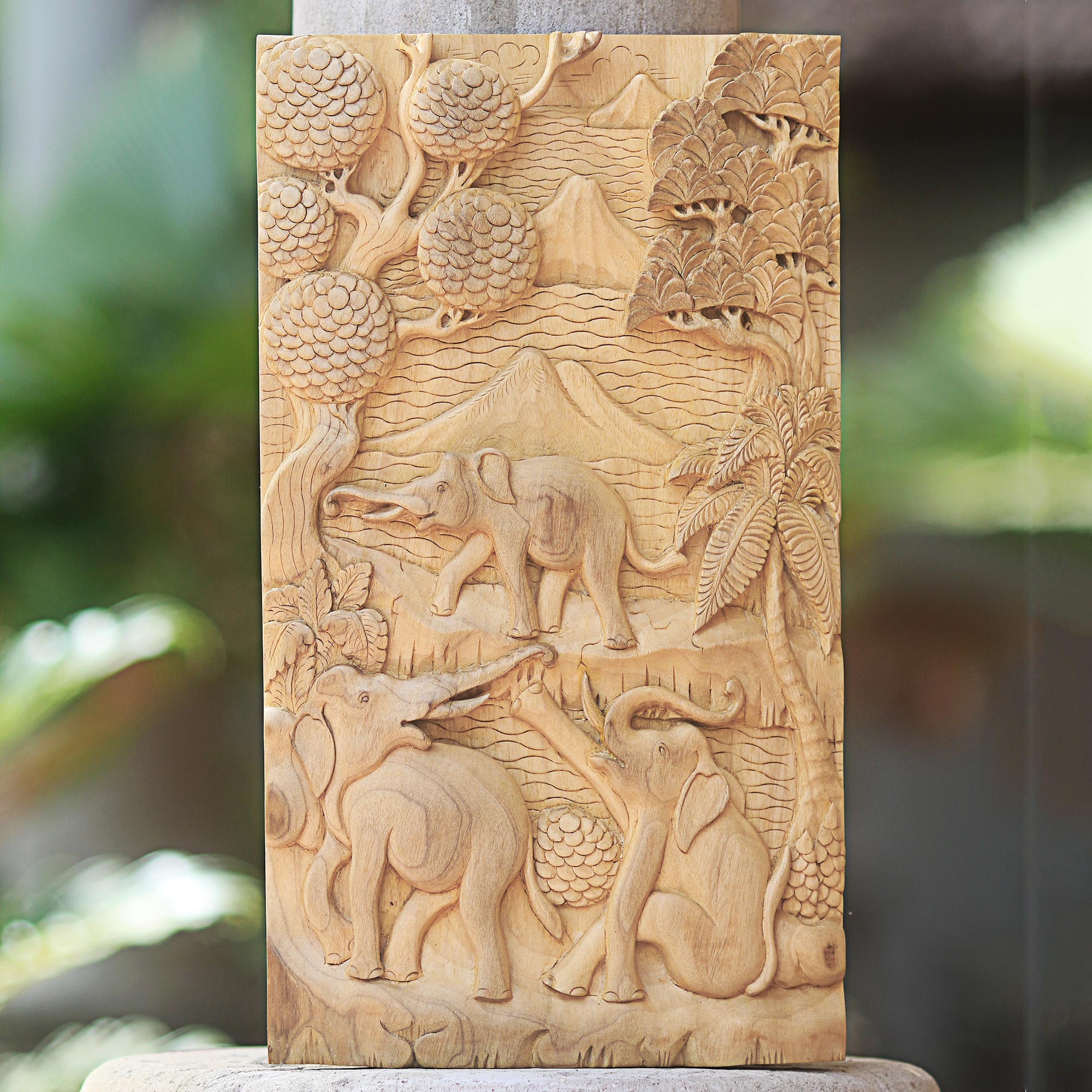 Artisan Crafted Wood Relief  Panel with Elephant Motif  