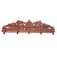 Wood coat rack, 'Dragon Guardian' - Hand-Crafted Wood Coat Rack with Dragons