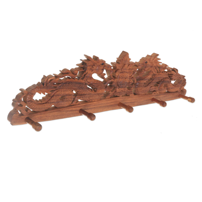 Wood coat rack, 'Dragon Guardian' - Hand-Crafted Wood Coat Rack with Dragons
