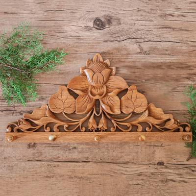Wood coat rack, 'Lotus Pond' - Hand-Carved Balinese Suar Wood Coat Rack with Lotus Design