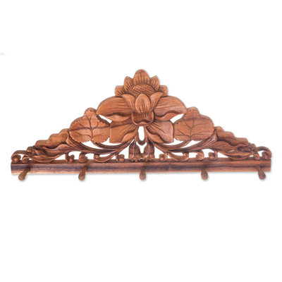 Hand-Carved Balinese Suar Wood Coat Rack with Lotus Design