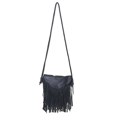 Leather shoulder bag, 'Night Rain' - Boho Chic Black Shoulder Bag with Long Fringe from Bali