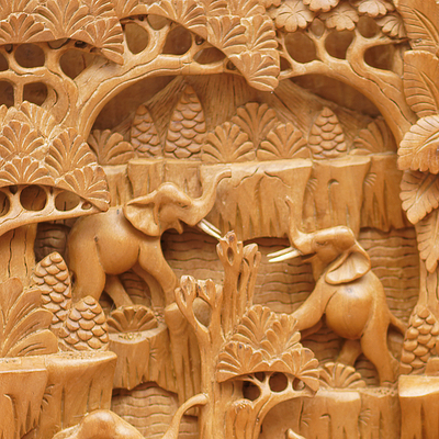 Wood relief panel, 'Elephant Paradise' - Hand Carved Wood Relief Wall Panel with Elephant Motif