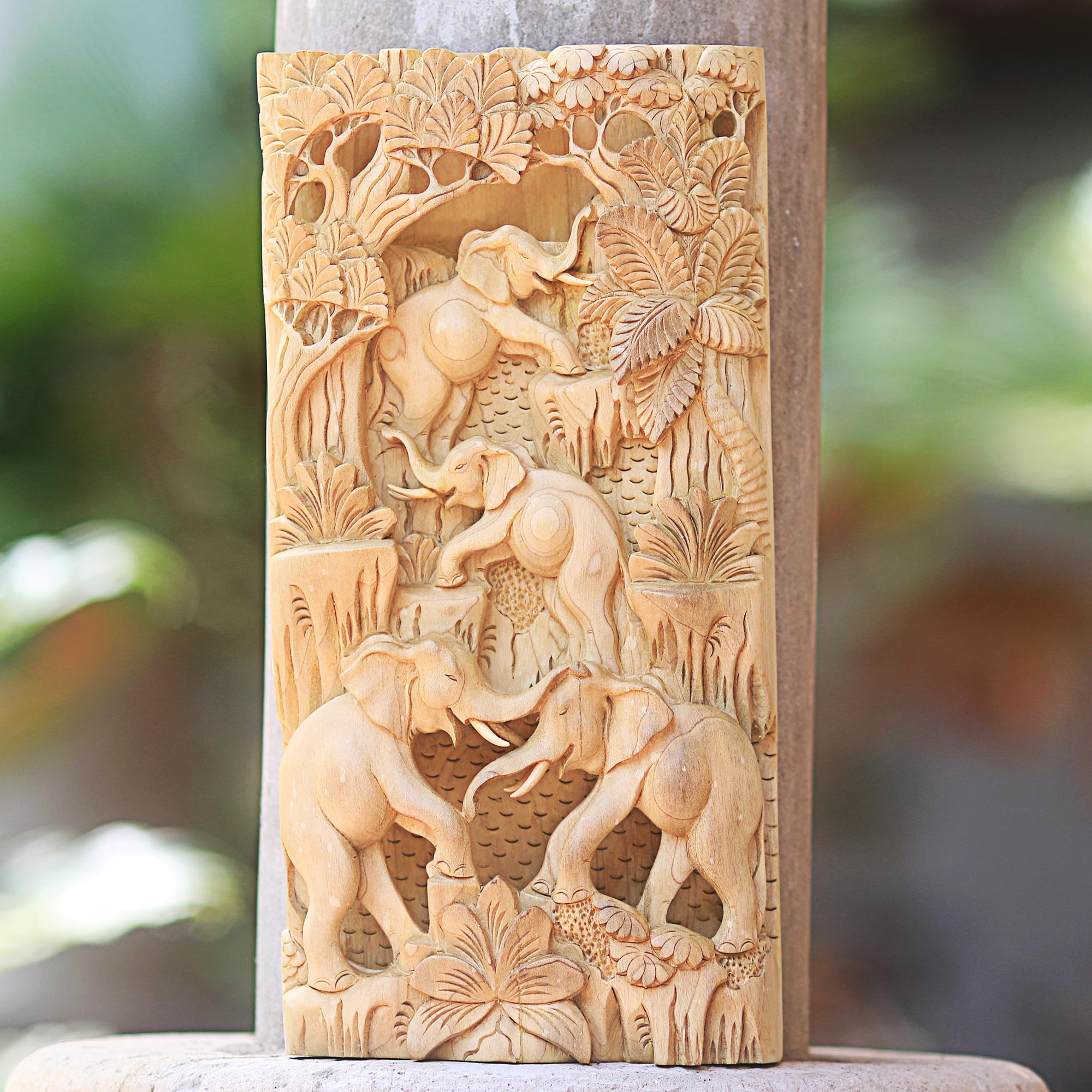 Hand Carved Wood Wall Relief Panel with Elephant Motif - Caring