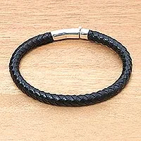 Men's sterling silver accented leather bracelet, 'Brick Road in Black'