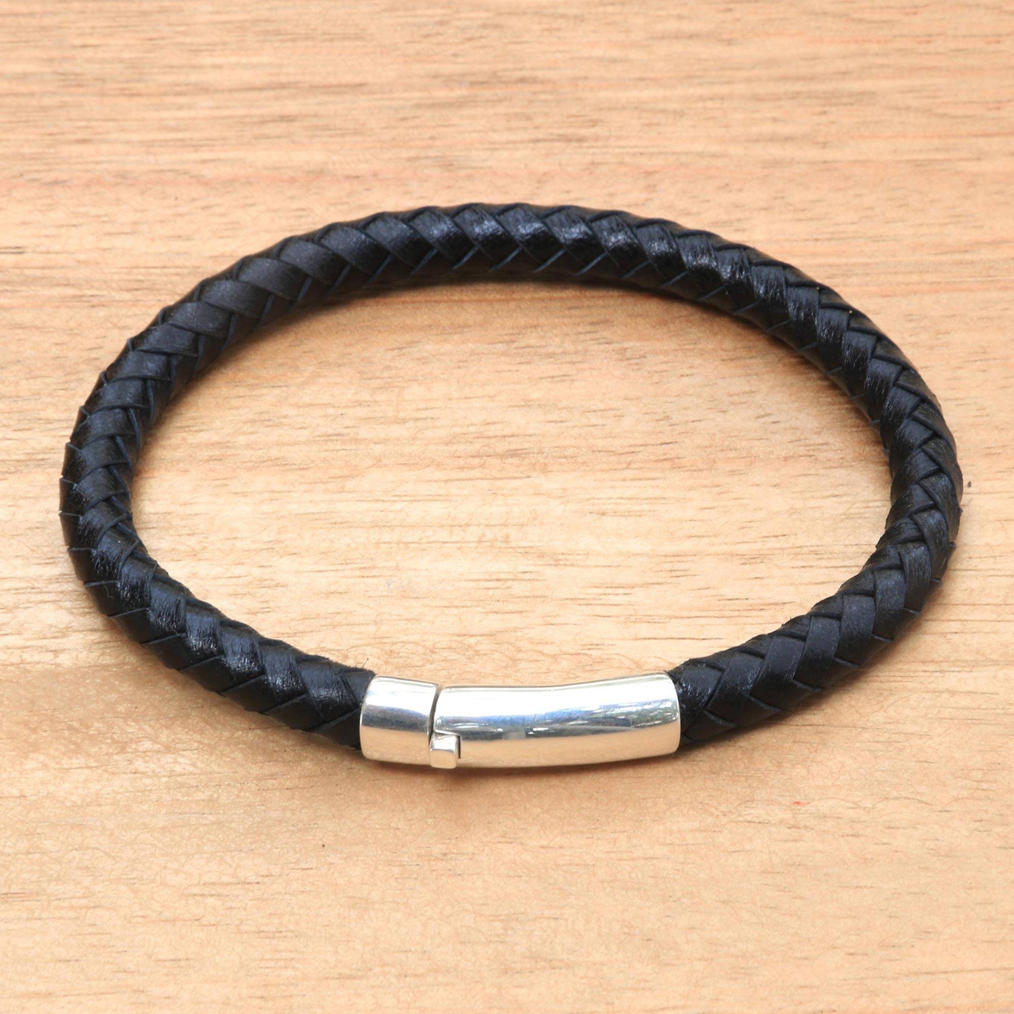 Men's Leather Sterling Silver Braided Bracelet Indonesia - Brick Road ...