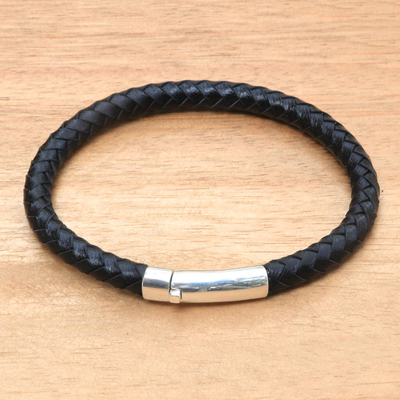 Men's sterling silver accented leather bracelet, 'Brick Road in Black' - Men's Leather Sterling Silver Braided Bracelet Indonesia