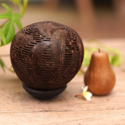 Coconut shell sculpture, 'Lush Leaves' - Bali Artisan Coconut Shell Albesia Wood Leaves Sculpture