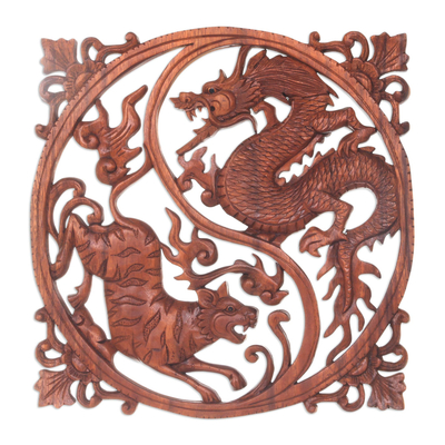 Wood wall relief, 'Tiger and Dragon' - Hand Carved Wood Wall Relief from Indonesia