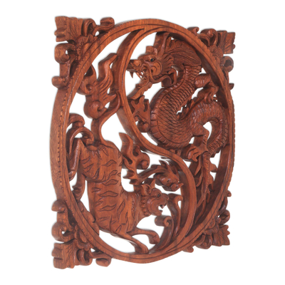 Wood wall relief, 'Tiger and Dragon' - Hand Carved Wood Wall Relief from Indonesia