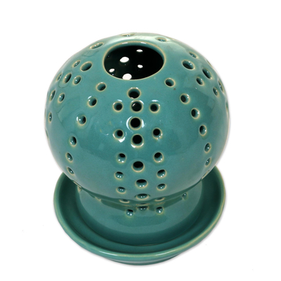 Green Ceramic Candle Holder with Circle Cutouts