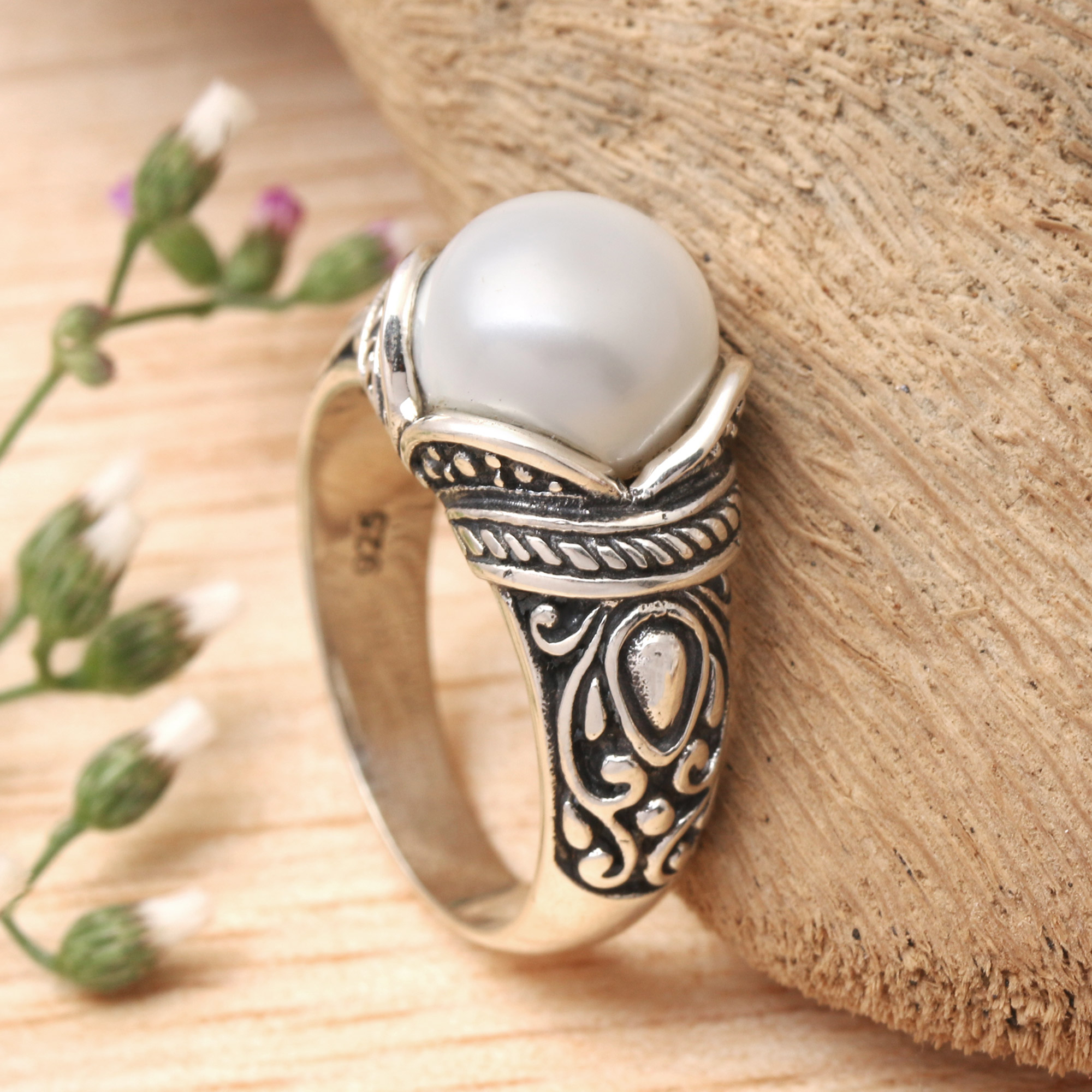 Balinese Sterling Silver and Cultured Pearl Women\'s Ring - Luminous White  Blossom | NOVICA