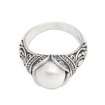 Cultured pearl cocktail ring, 'Luminous White Blossom' - Balinese Sterling Silver and Cultured Pearl Women's Ring