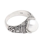 Cultured pearl cocktail ring, 'Luminous White Blossom' - Balinese Sterling Silver and Cultured Pearl Women's Ring